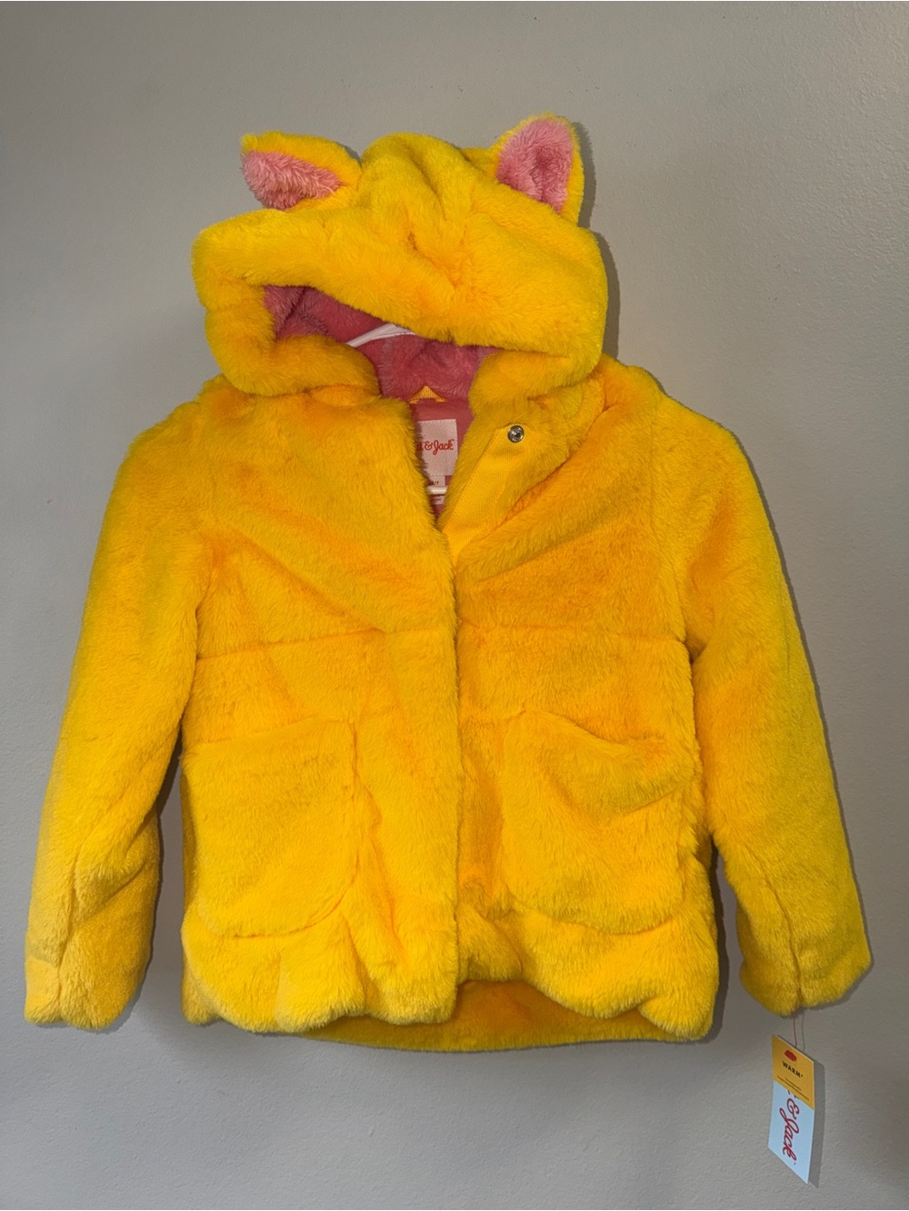 Cat & Jack Yellow Fuzzy Jacket with Pink Lining Size 6X/7